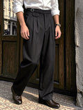 Wiaofellas  -  Men SS Neapolitan Style Solid Woven High Waist Loose Straight Suit Trousers Elegant Daily Commuter Formal Business Pants