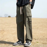 WIAOFELLAS  -  Men's Clothing Spring Autumn Elastic Pockets High Waisted Letter Embroidered Casual Trousers Cargo Straight Bloomers Pants