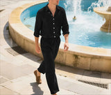 Wiaofellas  -  Spring and Autumn Men's Casual Linen Loose-fitting Breathable Suit, Fashionable and High-quality Long-sleeved Shirt, Long Pants