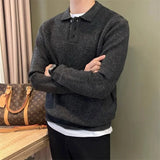 WIAOFELLAS  -  Korean New Men's Polo Neck Sweater Luxury Knitted Long Sleeve Pullover Autumn Casual Solid Color Streetwear Leisure Knitwear Top