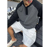 WIAOFELLAS  -  Men Color Block Raglan Sleeve Striped Long Sleeve T-Shirt Loose Fit Casual Top
