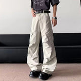 WIAOFELLAS  -  Pleated Design Men's Casual Pants Side Pocket Solid Color Wide Leg Trousers Loose Straight Male Bottom Functional