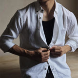 Wiaofellas  -  Stylish Mens Long Sleeve Linen Shirts Spring Autumn Daily Casual Slim Fit Cardigan Tops Men Retro Button-up Lapel Linen Shirt