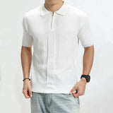 Wiaofellas  -  Men Solid Color Knitted Polo Shirt Short Sleeve Zipper Lapel Casual Breathable Slim Fit Daily Wear Business Top New Arrival