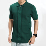 Wiaofellas  -  Men Solid Color Knitted Polo Shirt Short Sleeve Zipper Lapel Casual Breathable Slim Fit Daily Wear Business Top New Arrival