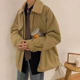Wiaofellas  -  Lamb Fur Lined Thiened Cotton Jaet Men's Winter Casual Loose Fit Faionable Warm Workwear Sle Zipper Closure Pure Color