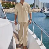Wiaofellas  -  Men's Cotton and Linen Shirt Long Pants Two-piece Set Fashionable Henry Collar Long Sleeved Shirt Casual Vacation Beach Pants