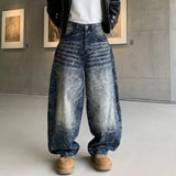 Wiaofellas  -  Unisex Vintage Crack Lightning Print Baggy Jeans High Waist Curved Banana Wide Leg Loose Oversized Streetwear Denim Trousers