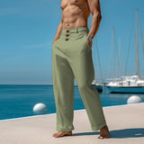 Wiaofellas  -  Vintage Buttoned Straight Trousers Men Cotton Linen Thin Breathable Beach Pants Spring Summer New Casual Solid Color Pants