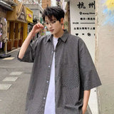 WIAOFELLAS  -  Trendy Men's Plaid Spliced Pocket Short Sleeve Loose Shirts Fashion Summer Lapel Single-breasted Blouses Male