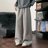 WIAOFELLAS  -  Koreann Style Men Sweatpants Casual Solid Color Drawstring Straight Fleece Bottom Elastic Waist Wide Leg Male Pants