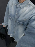WIAOFELLAS  -  Niche Design Men's Denim Coats Solid Color Holes Raw Edge Pocket Single Breasted Casual Menswear Loose Male Jackets
