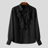 WIAOFELLAS  -  Men Shirt Solid Color Ruffle Lapel Long Sleeve Casual Men Clothing Loose Elegant Streetwear Fashion Male Shirts