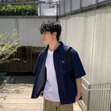Wiaofellas  -  American Retro Blue Denim Short Sleeve Shirt Casual Loose Workwear Summer New Style Pocket Half Sleeve Shirt for Youth