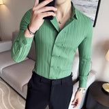 WIAOFELLAS  -  Double-breasted Camisa Masculino De Luxo Autumn Long Sleeve Slim Fit Striped Shirts Men Party Wedding Lapel Men's Dress Shirt