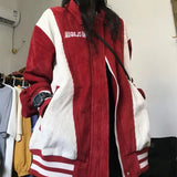 Wiaofellas  -  Vintage Red Corduroy Jackets For Women Spring Fashion American Women's Zipper Loose Coat Female Street Patchwork Jackets