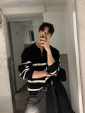 WIAOFELLAS  -  Korean semi-zipper striped color-blocking men's autumn and winter style trendy and versatile warm lapel sweater jacket