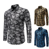 Wiaofellas  -  Men Long Sleeve Shirts Floral Bronzing Turndown Collar Mens Dress Shirt Stage Male Luxury Clothes Chemise Hemd Homme Shirts S62