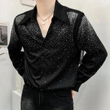 Wiaofellas  -  Mens Sexy Diamond Shoulder Pad Shirt Autumn Genderless Fashion Lazy Style Nightclub Performance Loose Long Sleeve Shirt Unisex