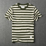 WIAOFELLAS  -  May Khaki heavy round neck cotton T-shirt American retro striped short sleeve T-shirt men's fashion