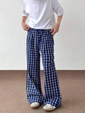 WIAOFELLAS  -  Blue Checkered Straight Leg Pants Mens Retro Trendy Loose Couple Casual Trousers Multiple Buckles College Pantalones Hombre