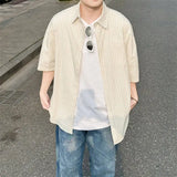 WIAOFELLAS  -  Men's Oversized Striped Casual Shirt - Korean Fashion Trend Short Sleeve Button-Down Collared Top  Stylish Layered Streetwear