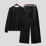 Wiaofellas  -  Men's Sets Solid Velour Shiny Long Sleeve T Shirt Pants Two Piece Sets Streetwear Loose Fashion Men Matching Sets