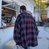 Wiaofellas  -  Korean Fashion Plaid Long Sleeve Shirts For Men Autumn High Street Y2K Vintage Blouses Casual Baggy Button Up Tees Shirt