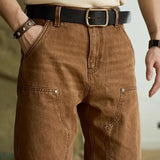 WIAOFELLAS Mens Autumn American Vintage Amekaki Jeans Loose Straight Solid Old Style Pants  New Hardcore Style Thick Wide Leg Pants