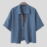 Wiaofellas  -  Men's Shirt Lapel Half Sleeve Loose Lace Up Patchwork Men Clothes Summer Loose Fashion Casual Tops Shirts For Man