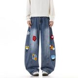 Wiaofellas  -  Spring Floral Appliques Washed Y2K Baggy Jeans For Men High Street Fashion Wide-Leg Denim Trousers New Hip Hop Straight Jean