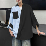WIAOFELLAS  -  Men Shirt Striped Patchwork Lapel Long Sleeve Men Clothing Streetwear Korean Style Fashion Oversize Shirts Casual Tops
