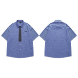 Wiaofellas  -  Japanese Style Casual Embroidered Plaid Short Sleeve Shirt Men's Loose Fit Tie Included Cotton Summer Shirt for Couples