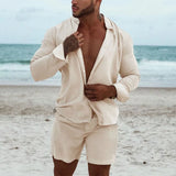 Wiaofellas  -  Beach Casual Cotton Two Piece Sets Men Long Sleeve Stand Collar Shirt And Shorts Mens Cotton Suits Vintage Solid Color Outfits