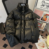 Wiaofellas  -  Men's Winter Thiened PU Leather Cotton Jacket Loose Fit Stand Collar American Retro Style Warm Outerwear Coat for Teens
