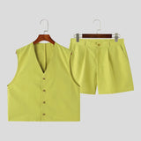 WIAOFELLAS  -  Summer Fashion Loose Men Suits Sleeveless V-neck Shirt And High Waist Wide Leg Shorts Two Piece Set Casual Vest Outfits Tank Top