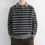 Wiaofellas  -  Autumn Retro Colorblock Striped Polo Collar Knitwear For Men Korean Fashion Long Sleeve Knitted Pullovers Fleece Y2K Sweaters