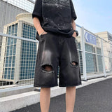 WIAOFELLAS  -  Vintage Summer Men's Hole Burr Edge Gradient Denim Shorts Fashion High-waisted Wide Leg Straight Short Pants Male