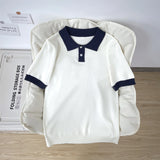 Wiaofellas  -  Loose Fit  Short Sleeve Knitted T-Shirt Men Summer Cool Breathable Shoulder Collision Color Collar Unisex Top