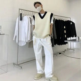 Wiaofellas  -  Korean Sweater Vest Men's Fashion Knitwear Solid Color Casual V-neck Knitted Pullover Men Loose Knitting Sweaters Clothes B282