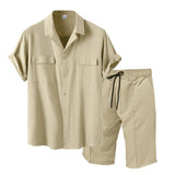 WIAOFELLAS  -  Men Casual Vacation Short-Sleeved Shirt Shorts Suit New Fashion Fashion Sports Breathable Comfort Solid Color Two-Piece Set