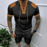 WIAOFELLAS  -  Summer American Retro Loose Casual Men's Wear Suit Elegant Fashion Handsome Splicing V Neck Tie Short Sleeve Shorts Chic Tops