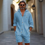 Wiaofellas  -  Men Linen 2 Piece Outfit Hooded Long Sleeve Shirt Button Elastic Waist Shorts Summer Beach Vacation Casual Matching Suit Set