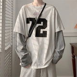 Wiaofellas  -  Trendy Long Sve Digital Print Loose Men's T-irt Autumn American Splicing Color Blo Couple Base irt Youth  Sle