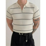 Wiaofellas  -  Summer Retro Striped Lapel Polo Shirt Men's Trendy Short Sleeved Knitted Sweater Pullover Slim Casual Business Social T-shirt