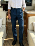 Wiaofellas  -  Men’s Solid Color Button Detail Naples Pleated High Waist Wide Leg Suit Pants, New Spring Autumn Elegant Light Business Trousers