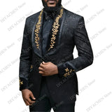 Wiaofellas  -  Black Jacquard Men Suits Two Piece (Blazer+Trousers) Luxury Golden Embroidery Shawl Lapel Suit Slim Party Wedding Groom Tuxedo