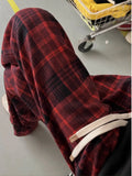 WIAOFELLAS  -  Red Plaid Wide Leg Pants Men's Autumn Winter High Street Sle Retro i Che Loose Fit Trousers for Taller Men