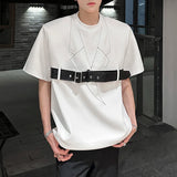 WIAOFELLAS  -  Niche Design Men's T-shirts Round Collar Belt Decoration Contrast Color Short Sleeved Shoulder Pads Loose Male Tops