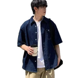 Wiaofellas  -  American Retro Blue Denim Short Sleeve Shirt Casual Loose Workwear Summer New Style Pocket Half Sleeve Shirt for Youth